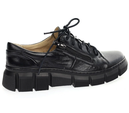 Czarne półbuty skórzane damskie na zamek i sznurowadła Helios 413