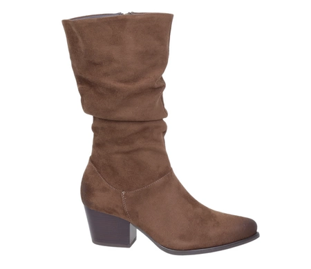 Czekoladowe kozaki damskie na niskim obcasie do sukienek Saszki