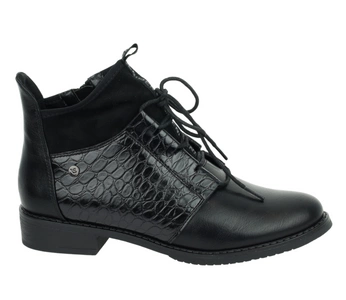 Czarne eleganckie półbuty jesienne damskie ocieplane lakierowana cholewka Jezzi