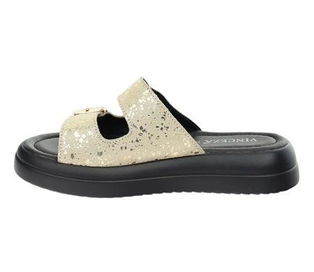 Złote skórzane sandały damskie regulowane na dwóch paskach VINCEZA