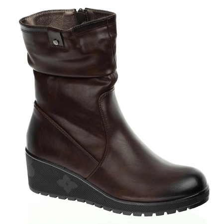 Brązowe czekoladowe botki zimowe komfortowe na koturnie Jezzi