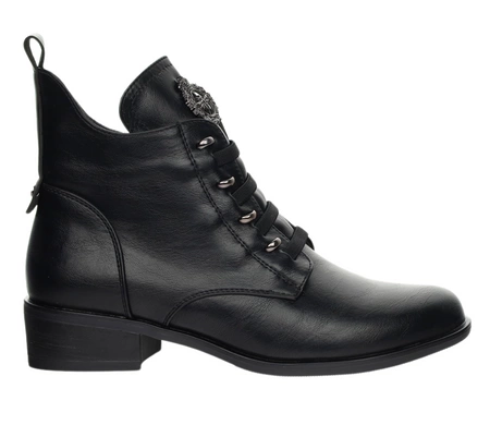 Czarne licowe botki damskie płaskie eleganckie Jezzi model ASA198-21