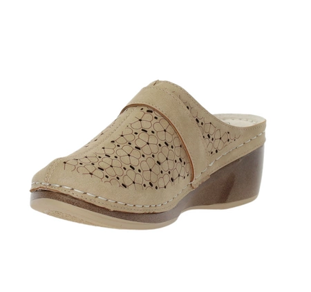 Skórzane szyte chodaki klapki komfortowe na niskiej koturnie Unisoft