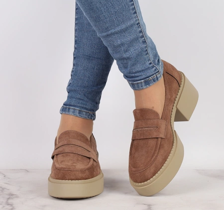 Brązowe czekoladowe zamszowe mokasyny damskie półbuty VINCEZA