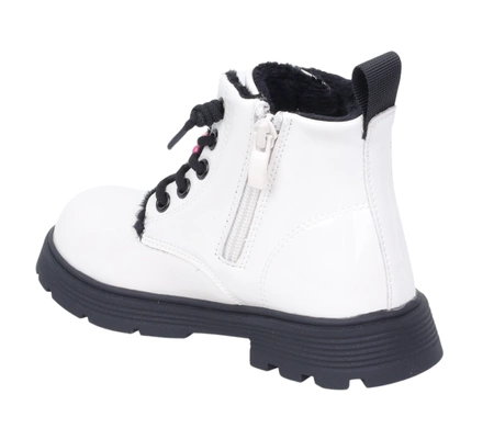 Białe lakierowane botki dziecięce zimowe ocieplane na zamek MissE
