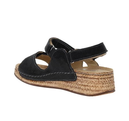 czarne skórzane sandały damskie na rzepy na niskiej słomkowej koturnie HELIOS model 138