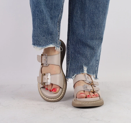 Klapki damskie skórzane eleganckie na regulowanych paskach złote klamry MODO