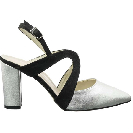 Czółenka srebrne z czarnymi paskami Azali