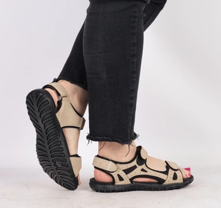 Beżowe sportowe sandały damskie na rzepy ze skórzaną wkładką American