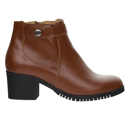 Brązowe czekoladowe półbuty zimowe damskie na obcasie ze skóry naturalnej licowej Polskie Gino Fabiani