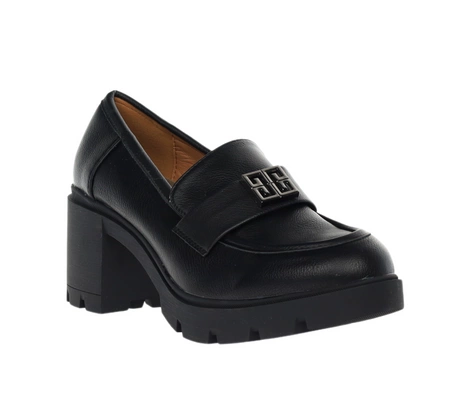 Czarne licowe półbuty na obcasie i platformie mokasyny z klamrą Jezzi