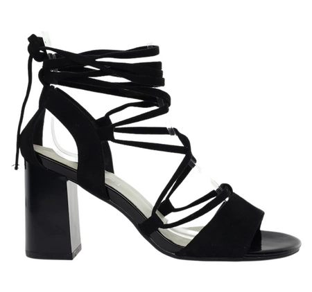 Seksowne czarne sandały damskie na obcasie sznurowane i wiązane na kostce Jezzi