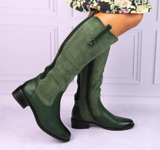 Kozaki damskie płaskie w kolorze butelkowej zieleni Karina