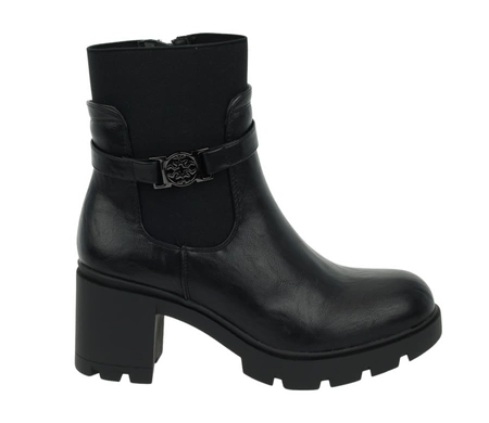 Czarne rokowe botki zimowe na obcasie i platformie ze skóry licowej ekologicznej Jezzi