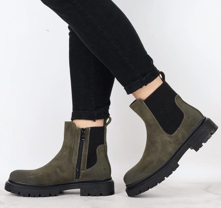 Botki khaki zimowe za kostkę ocieplane na zamek z elastyczną cholewką khakiJezzi