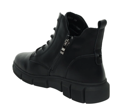 Czarne buty zimowe damskie ze skóry naturalnej trzewiki botki płaskie Jezzi