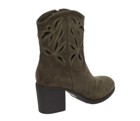 Brązowe czekoladowe eleganckie botki kowbojki na obcasie z ażurową cholewką Tatiana