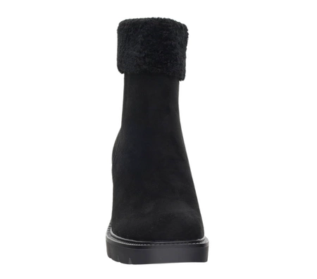 Czarne botki zimowe z eko wełną na obcasie i platformie Jezzi