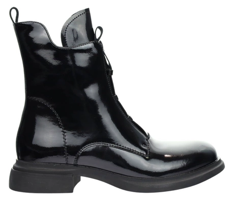 Czarne skórzane lakierowane botki na płaskim obcasie eleganckie VINCEZA