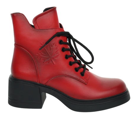 Czerwone botki zimowe skórzane na platformie i szerokim niskim obcasie SEVILA