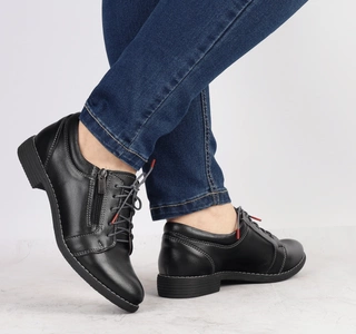 Czarne półbuty damskie skórzane oksfordy garniturowe na zamek i sznurowadła Gino Fabiani