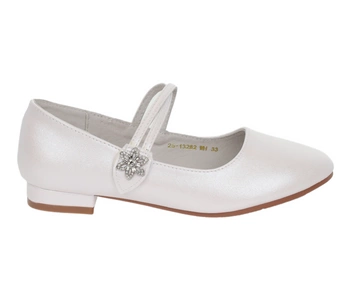 Białe czółenka dziecięce z zapinanym paskiem na obcasiku VINCEZA