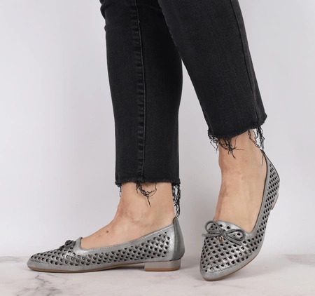 Baleriny srebrne damskie ażurowe czółenka elegancke Jezzi
