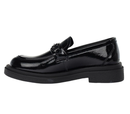 Skórzane lakierowane półbuty damskie czarne lordsy garniturowe Jezzi