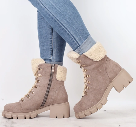 Brązowe traperki z futerkiem śniegowce modne sznurowane Jezzi