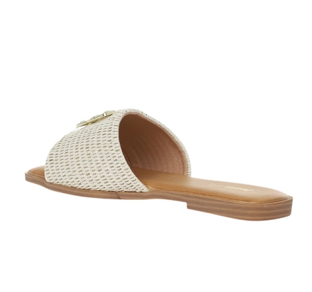 Eleganckie plecione klapki płaskie ze złotą klamrą i kryształkami Jezzi