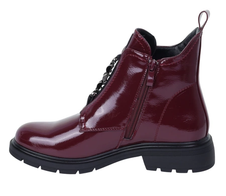 Bordowe lakierowane botki damskie zimowe na płaskiej podeszwie Jezzi