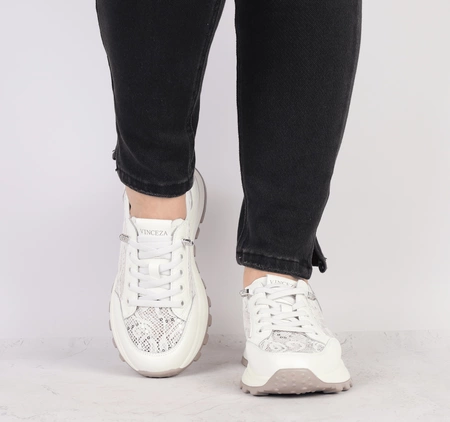 Białe adidasy damskie skórzane z koronką i cekinami VINCEZA