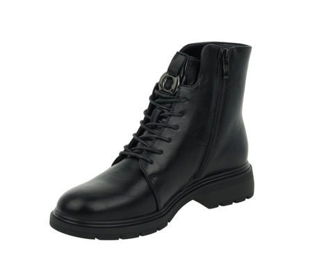 Czarne klasyczne botki damskie płaskie na zamek i sznurowadła Jezzi