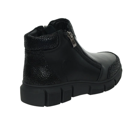 Czarne skórzane buty zimowe damskie trzewiki komfortowe ciepłe Jezzi