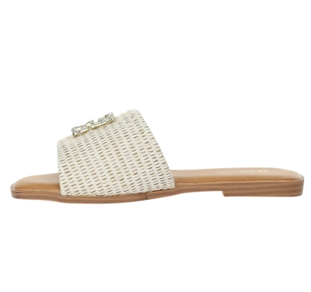 Eleganckie plecione klapki płaskie ze złotą klamrą i kryształkami Jezzi