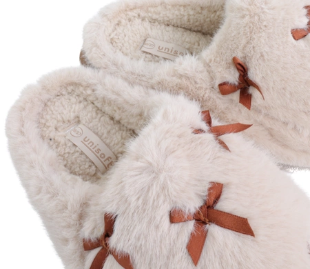Puszyste kapcie damskie po domu ciepłe futerkowe klapki zabudowane z Kokardkami