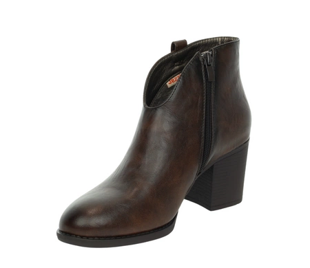 Brązowe botki damskie eleganckie na obcasie ocieplane czekoladowe Jezzi