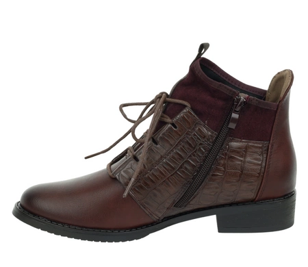 Eleganckie bordowe botki jesienne ocieplane płaskie buty Jezzi