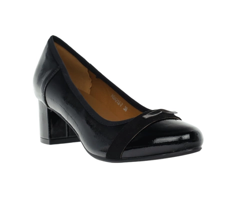 Wygodne czółenka czarne lakierowane na niskim szerokim obcasie Amelia od Jezzi