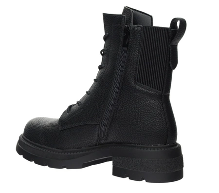 Czarne buty zimowe damskie na płaskiej grubej podeszwie na zamek i sznurowadła Jezzi