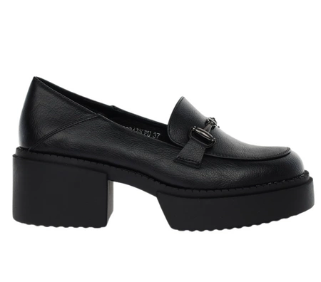 Czarne licowe mokasyny damskie półbuty na obcasie i platformie VINCEZA