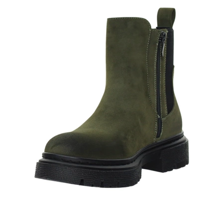 Botki khaki zimowe za kostkę ocieplane na zamek z elastyczną cholewką khakiJezzi