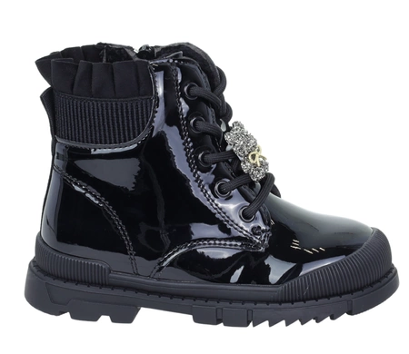 Czarne lakierowane botki dziecięce ocieplane eleganckie i ciepłe MISS E