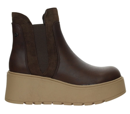 Brązowe botki zimowe czekoladowe na koturnie i platformie ocieplane Jezzi