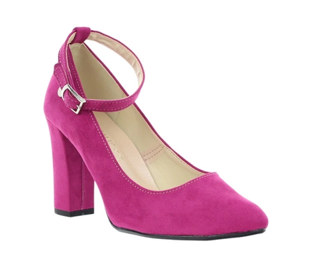 Różowe zamszowe czółenka na słupku z paskiem wokół kostki Azali