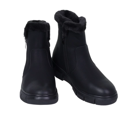 Czarne buty zimowe damskie botki ocieplane futerkiem płaskie Jezzi