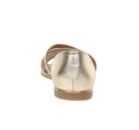 Złote płaskie sandały damskie z gumkami na krzyż i zabudowaną piętą Jezzi