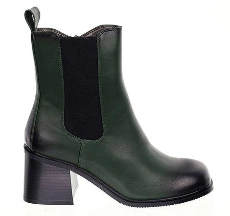 Modne botki zimowe na klocku butelkowa zieleń Jezzi