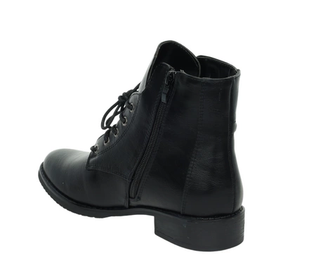 Czarne klasyczne botki damskie ocieplane na zamek i sznurowadła płaskie Jezzi