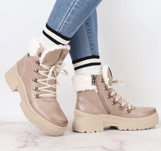 Beżowe eleganckie botki damskie zimowe skórzane Helios